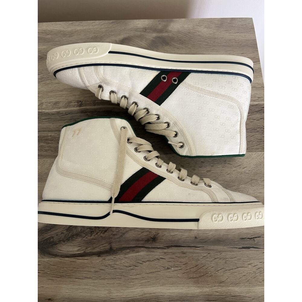 Size 11 - Gucci Tennis 1977 High Top White Mini GG Sneakers Stripe Shoes - Picture 4 of 11